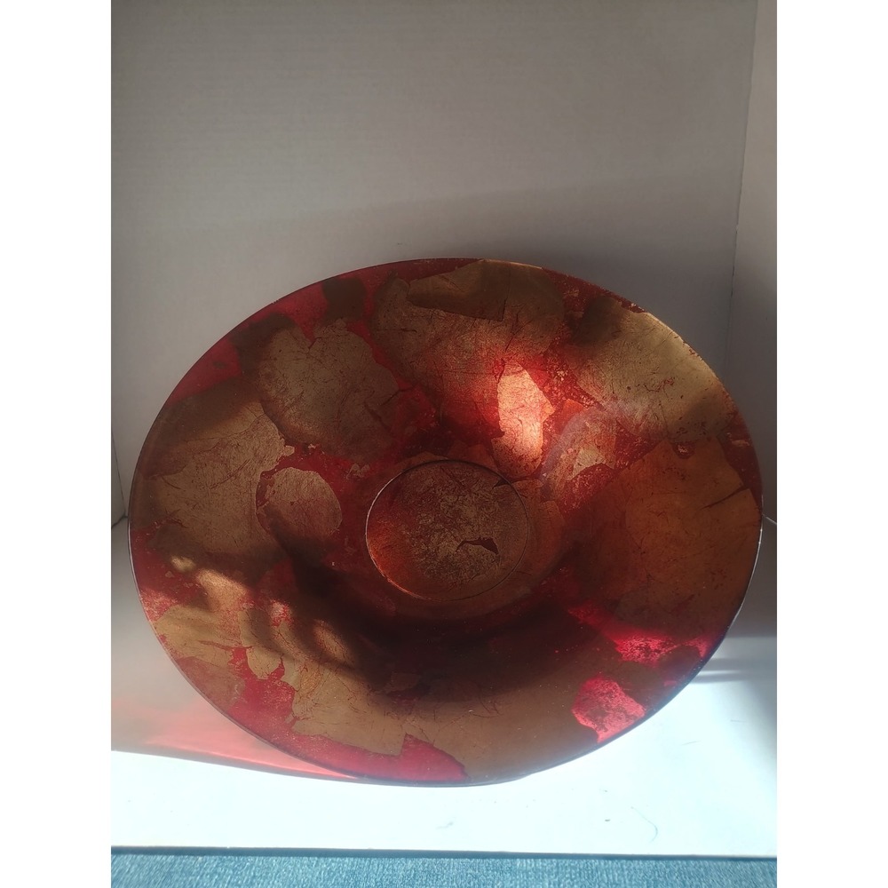 Italian Vintage Decorative Center Glass Platter Fruit Bowl Red/Gold Foil, 15.5"